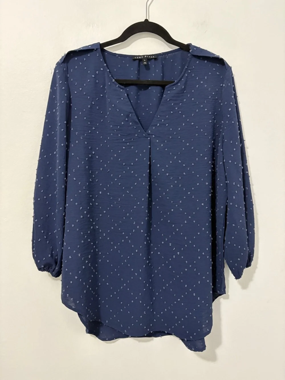 Como Black Swiss Dot Navy Blue Long Sleeve Blouse - size Large